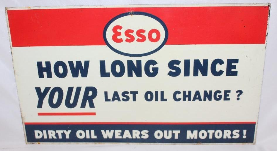 Esso "How Long Since Your Last Oil Change" SST Sign: This sign displays very well with only some minor surface wear and scratches. There is slightly heavier wear along the perimeter. This sign measure 10.5" x 17.5" and is graded an 8.25.