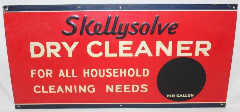 Skellysolve Embossed SST Dry Cleaner Sign: This sign is in very nice condition with only some minor paper remnants as it is likely new old stock. It measures 9" x 18" and is graded an 8.9.