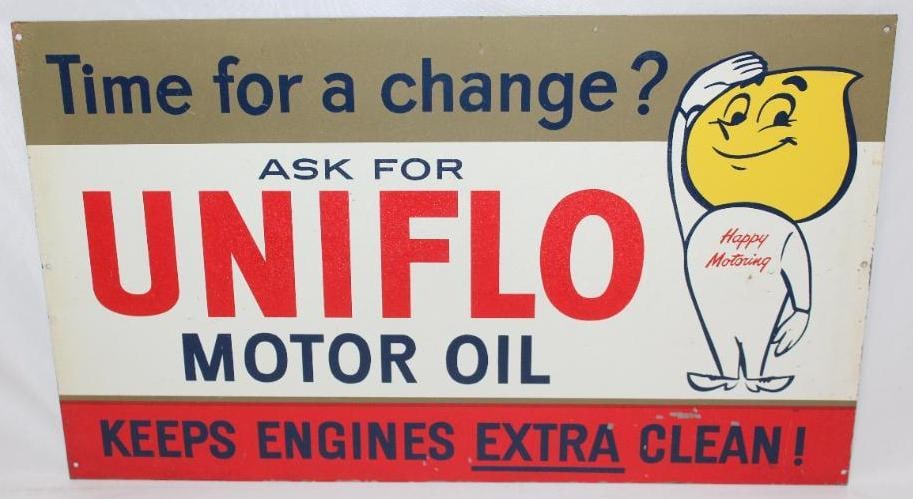 Esso Uniflo SST Oil Can Rack Sign with Mr. Oil Drop: This sign has some slight wear throughout the field but displays very well. There are some minor scratches around the bottom. This sign measures 10.5" x 17.5" and is graded an 8.5.