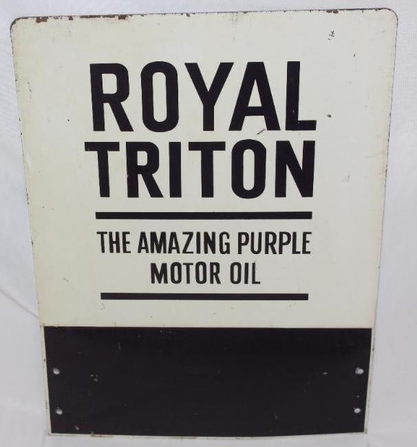 Royal Triton "The Amazing Purple Motor Oil" SST Sign: This sign has a crease where the purple and white colors meet. There is also some light wear throughout the field with some minor paint loss along the top edge. This sign measures 17.5" x 13" and is g