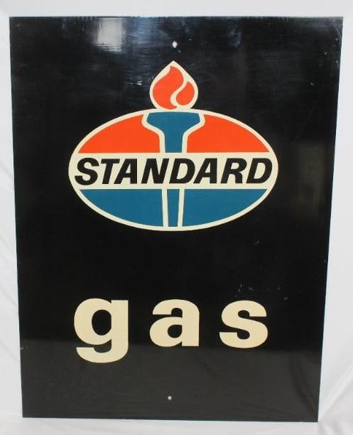 Standard Gas SST Service Station Sign: This sign has great color and gloss throughout with some light scratches to the field. It measures 32" x 24" and is graded an 8.75.
