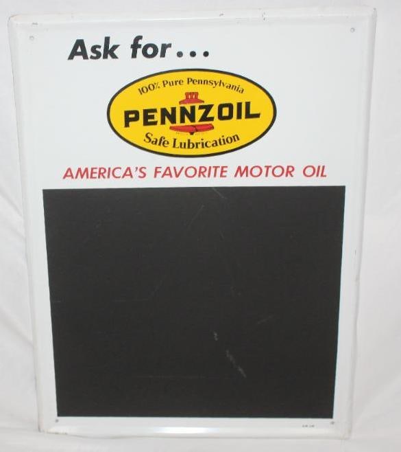 Pennzoil Safe Lubrication SST Chalkboard Sign: This sign has a makers mark of AM 3-68. It is in overall very good condition with just some light scratches to the outer field. This sign measures 24" x 17.5" and is graded an 8.75.
