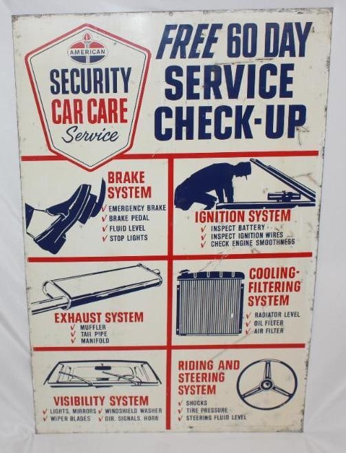 American Oil Security Car Care Service SST Sign: This sign has some light surface scratches and wear throughout the field. It measures 30" x 19.5" and is graded an 8.