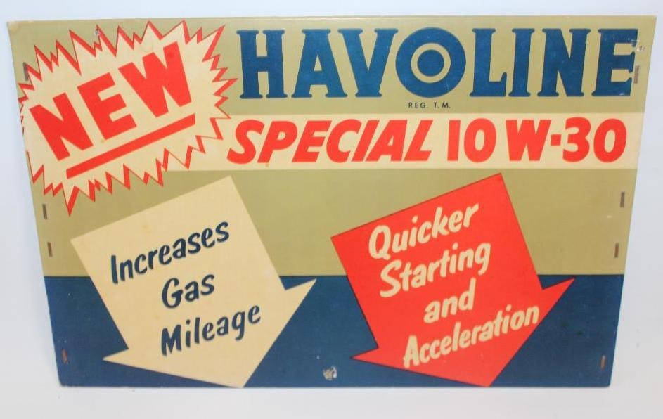 Texaco Havoline Motor Oil Double Sided Cardboard Rack Sign: This sign shows good color and gloss throughout. There is some slight staining to the white areas. It is dated 2-55. This sign measures 12" x 18" and is graded an 8.75 on both sides.