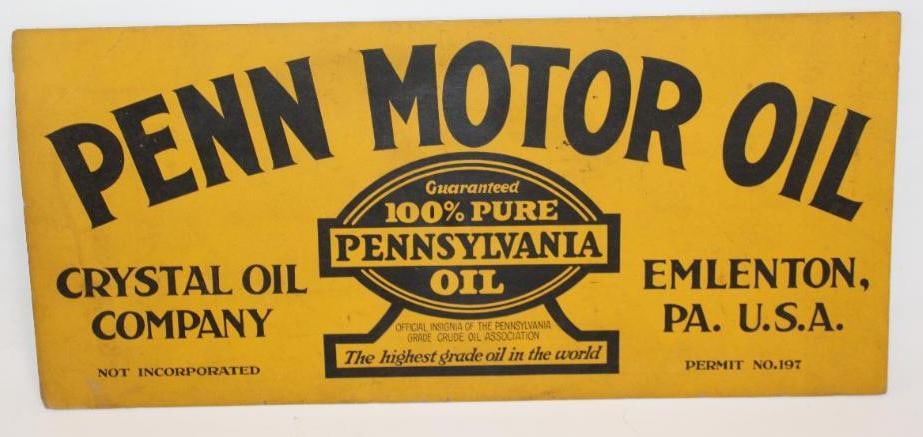 Crystal Penn Motor Oil Automobile Radiator Winterfront Sign: This sign is a single sided cardboard winterfront. There is only some minor staining. This sign measures 9" x 20".