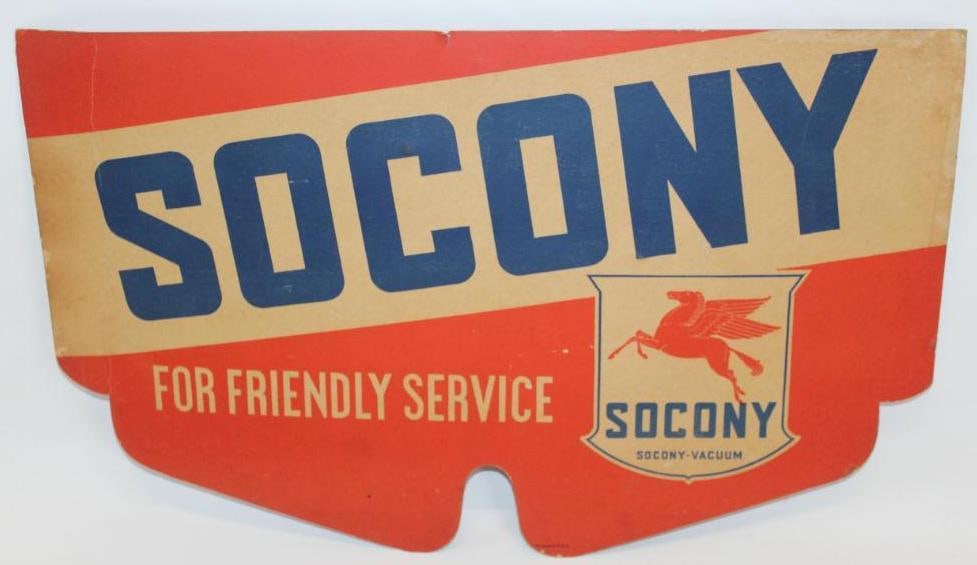 Socony-Vacuum Automobile Radiator Winterfront Sign: This sign is a double sided cardboard radiator winterfront. It shows some discoloration in the white areas and a slight craze near one edge. This sign measures 12" x 19.5".