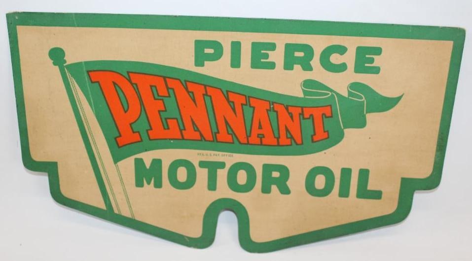 Pierce Pennant Automobile Radiator Winterfront Sign: This is a double sided cardboard radiator front. It shows some light staining and wear but displays overall very nice. This sign measures 11.5" x 19.5".