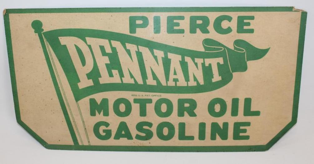 Pierce Pennant Automobile Radiator Winterfront Sign: This is a double sided cardboard radiator front. It shows some light staining and wear but displays overall very nice. This sign measures 10" x 19.5".