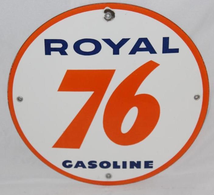 Royal 76 Gasoline Porcelain Pump Plate Sign: This sign has great color and gloss with just a small chip at the top mounting hole. It measures 11.5" x 11.5" and is graded an 8.9.