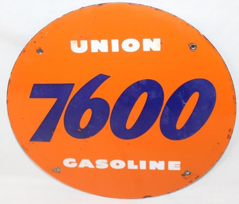 Union 7600 Gasoline Porcelain Pump Plate Sign: This sign has some discoloration to the blue areas as well as some slight edge wear. It measures 11.5" x 11.5" and is graded an 8.