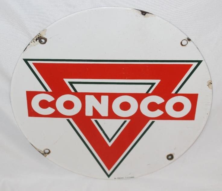 Conoco Porcelain Pump Plate Sign: This sign has some chips along the edges and has light wear to the field. It is marked Burdick of Chicago. This sign measures 11.25" x 11.25" and is graded an 8.25.