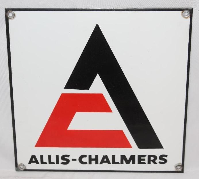 Allis-Chalmers Farm Equipment SSP Porcelain Sign: This sign is in excellent condition with great color and gloss. It measures 9" x 9" and is graded a 9+.