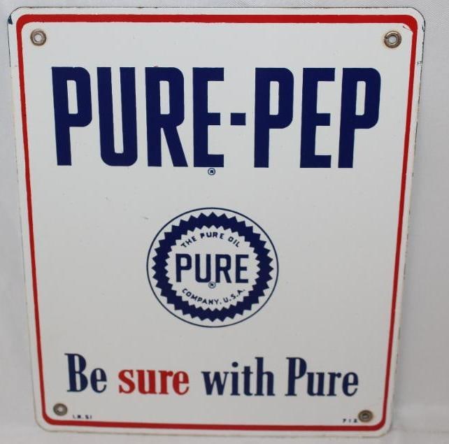Pure-Pep Porcelain Pump Plate Sign: This sign is in excellent condition with great color and gloss. It is marked IR 51. This sign measures 10" x 12" and is graded a 9.