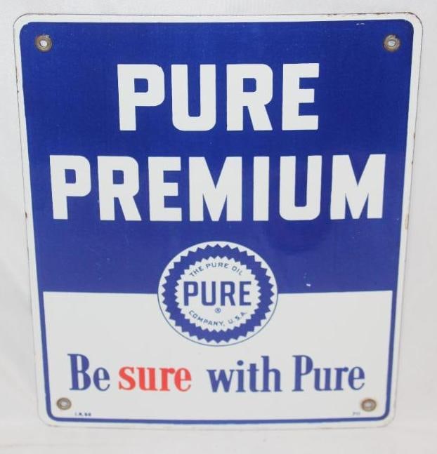 Pure Premium SSP Porcelain Pump Plate Sign: This sign is in excellent overall condition. It Is marked IR 50. This sign measures 12" x 10" and is graded a 9+.