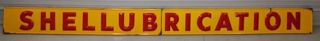 Shell Lubrication Embossed Porcelain SSP Sign: These two signs show good color and gloss throughout. There are a few chips throughout the field. It has been torch cut above the O. It has a porcelain self framed edge. This sign measures 78" x 13.25