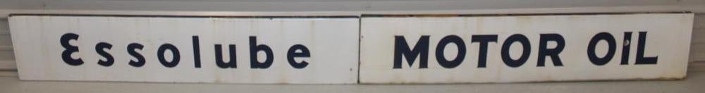 Essolube Motor Oil Two Piece Horizontal Porcelain Sign: These two signs both have self framed porcelain edges, and a wood back. There is staining and discoloration along the perimeter, and some throughout the field. There are also a couple of chips to the
