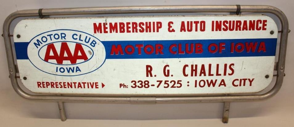 AAA Motor Club of Iowa SST Advertising Sign with Metal Bracket: This sign is marked Bumpa-Tel Sign Co. There is some light wear and scratching throughout the field. The overall measurements are 43.5" x 20" x 2.5" and is graded an 8.