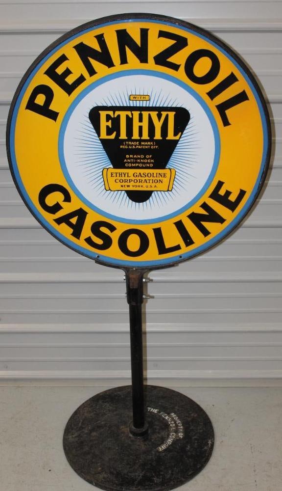 Pennzoil with Ethyl Gasoline 30" Curb Gas Station Lollipop DSP Porcelain Sign with Blue Star Burst (1 of 14)