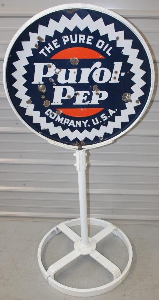 Pure Oil Company Purol Pep DSP Porcelain Curb Sign with Base: The display side of this sign shows good color and gloss with several chips to the field. The reverse side has several chips. There is also discoloration and fading to the red and blue. This sign has