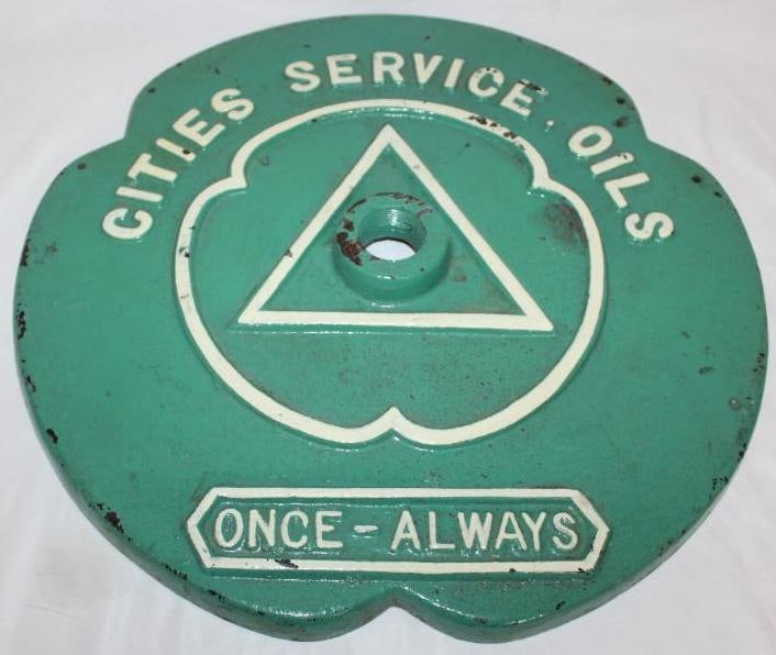 Cities Service Clover Shaped Cast Sign Base: This is an original clover shaped cast iron sign base. It measures 18.5" x 18.5" x 2".