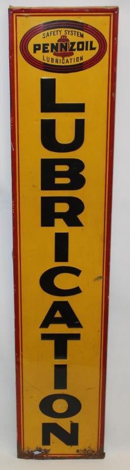 Pennzoil Embossed Lubrication Safety System Vertical SST Advertising Sign with Original Wood Frame: This sign sits on its original wood frame. It is in good condition with surface wear and scratches throughout. There is rust staining and rust through on the bottom. This sign measures 12" x 60" x 1"