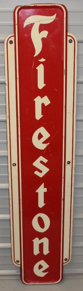 Firestone Tires Self Framed Vertical Hot Dog Sign: This sign is marked MCA-513. It has good color and gloss with some surface scratches and wear throughout the field. This sign measures 16" x 71" and is graded 7.75.