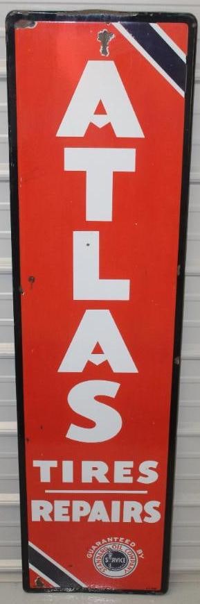 Atlas Tires and Repairs SSP Porcelain Vertical Sign: This is a self framed Standard Oil Atlas porcelain sign. It shows good color and gloss throughout with a few chips to the field. There is some heavier wear along the self framed edge. This sign measur