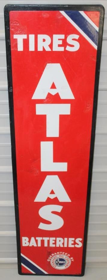 Atlas Tires and Batteries SSP Porcelain Vertical Sign: This is a self framed Standard Oil Atlas porcelain sign. There are several areas of color match throughout the field and along the perimeter. It still shows good color and gloss. This sign measures 15