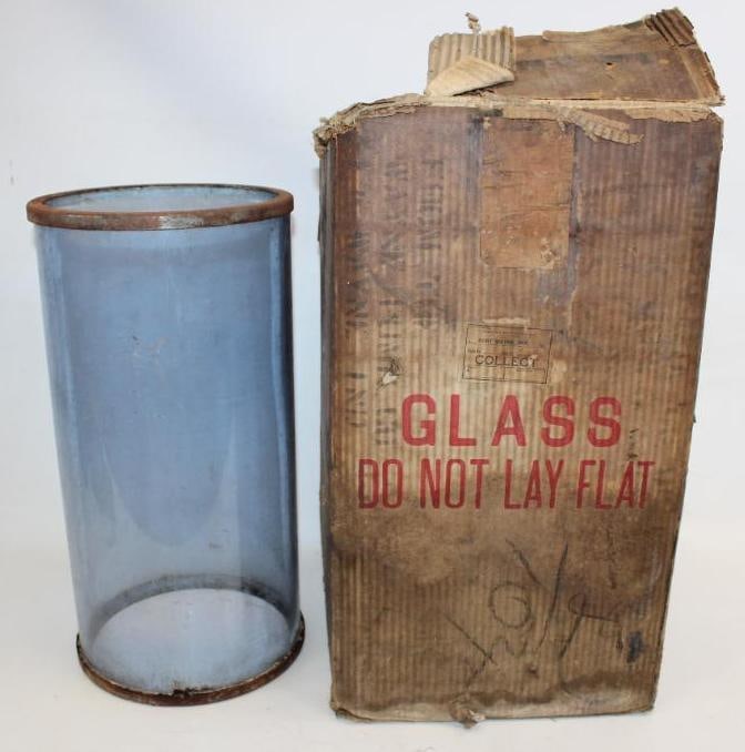 NOS Blue Glass Fry Five Gallon Gas Pump Cylinder in Original Box: The box is marked No. 5090 Kromex. The box measures 13" x 13" x 24". The cylinder measures 10.5" x 20"