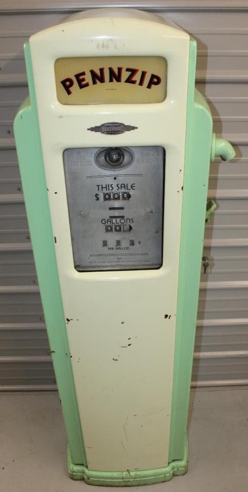 Bennet 541 Four Ad Glass Restored as a Pennzip Gas Pump: This gas pump has the original ad glass with an older amateur restoration. There are some dents, scratches, and some wear. This gas pump measures 24" 16" x 72"