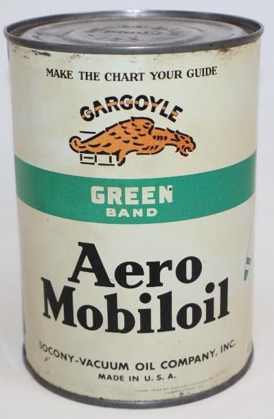 Socony-Vacuum Gargoyle Aero Mobiloil Green Band One Quart Metal Oil Can: This can is empty. It has been drained by one hole in the bottom lid. The display side has some areas of discoloration but displays very well. The reverse also has discoloration and a few dents. This