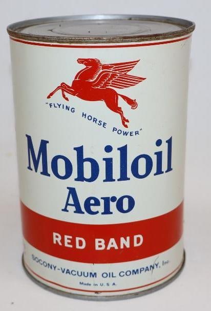 Socony-Vacuum Flying Horse Power Mobiloil Aero Red Band One Quart Metal Oil Can: This can is empty. The display side is very nice with only minor wear. The reverse is also nice, but has a few fine surface scratches. This can measures 5.5" x 5.5" x 4" and is graded a 9 on the displ