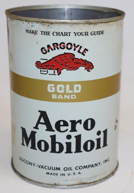 Socony-Vacuum Gargoyle Aero Mobiloil Gold Band One Quart Metal Oil Can: This can is empty and missing its top lid. The display side is very nice with only minor wear. The reverse is also nice with some staining along the perimeter. This can measures 5.5" x 5.5" x 4" and i