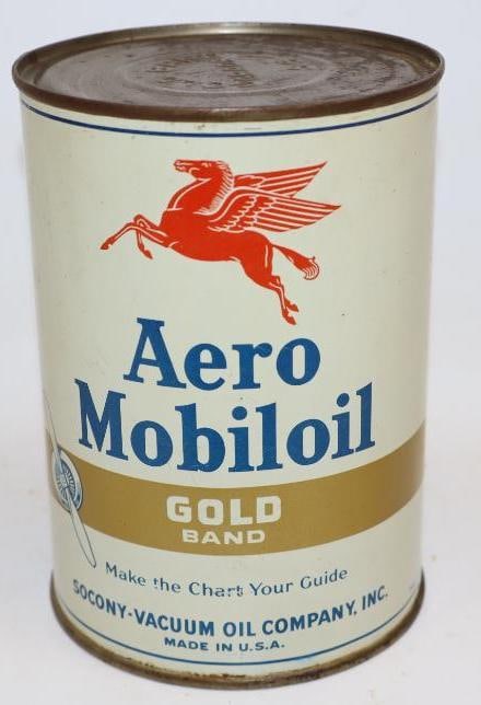Socony-Vacuum Aero Mobiloil Gold Band One Quart Metal Oil Can: This can is empty. It was drained by two holes in the bottom lid. It is in overall nice condition with only minor wear. There is some minor fading on the reverse. This can measures 5.5" x 5.5" x 4" an