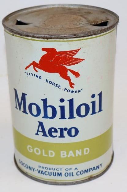Socony-Vacuum Flying Horse Power Mobiloil Aero Gold Band One Quart Metal Oil Can: This can is empty. It was drained by two holes in the top lid. The display side is nice with just some minor wear. The sides and reverse show some minor denting. This can measures 5.5" x 5.5" x 4" and