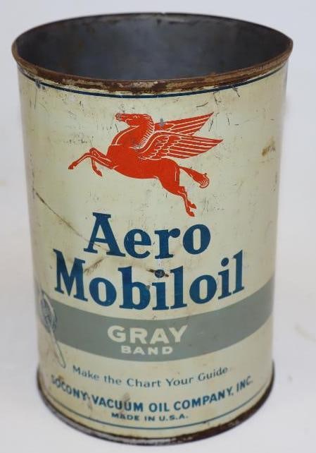 Socony-Vacuum Aero Mobiloil Gray Band One Quart Metal Oil Can: This can is empty and missing its top lid. It shows areas of light surface scratches throughout the field. There are also some areas of small denting This can measures 5.5" x 5.5" x 4" and is graded a