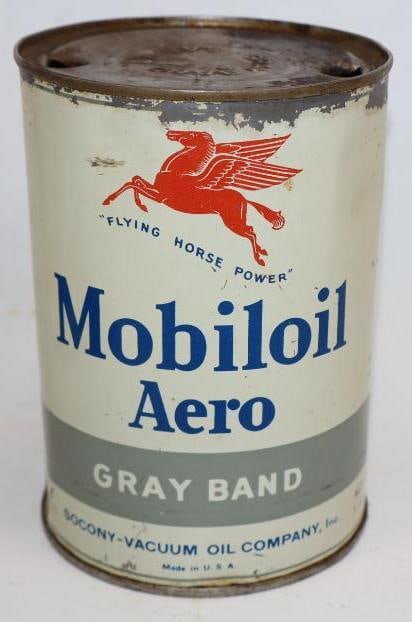 Socony-Vacuum Flying Horse Power Mobiloil Aero Gray Band One Quart Metal Oil Can: This can is empty. It has some areas of paint loss along the top edge. There are minor surface scratches and areas of wear to both display sides. There are also some small dents along the side panel.
