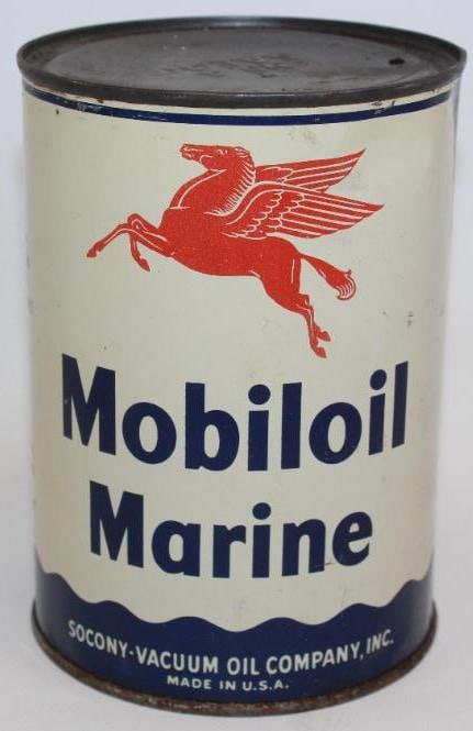 Mobil Marine One Quart Metal Oil Can: This is a full solder seam oil can. The display side has some minor denting near the top edge. The reverse side also has some minor denting with some slight rust staining. This can measures 5.5" x 4"