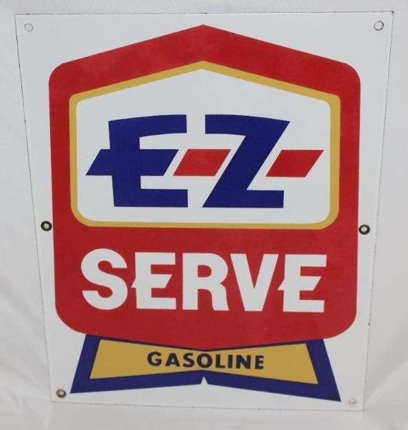 EZ Serve Gasoline Porcelain Pump Plate Sign: This sign has good color and gloss throughout and is in overall excellent condition. It measures 18" x 14" and is graded a 9+.