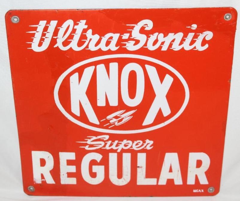 Knox Ultra Sonic Super Regular Porcelain Pump Plate Sign: This sign has a makers mark of McAX. It has heavy touch ups on the left side and along the top edge. There is also some surface wear and scratches throughout. This sign measures 12" x 12" and is grade