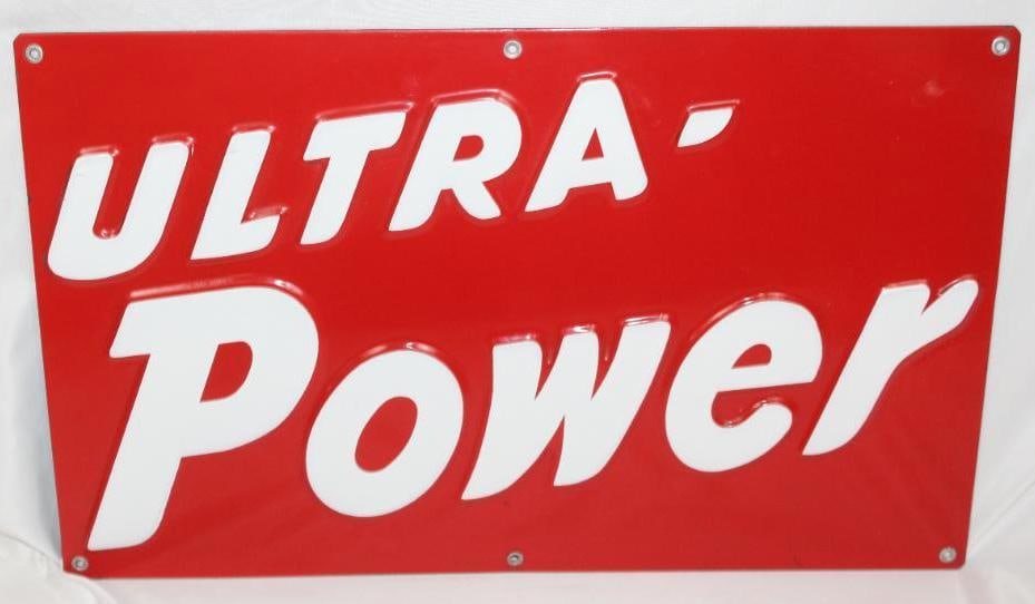Utoco Ultra-Power Embossed Porcelain Sign: This sign has very good color and gloss with only some minor wear. It measures 20" x 12" and is graded an 8.9.