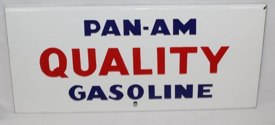 Pan-Am Quality Gasoline SSP Porcelain Sign: This sign is in excellent overall condition with great color and gloss. The sign has a rolled top edge and was likely used as a rack sign. It measures 5.5" x 12" and is graded a 9+.