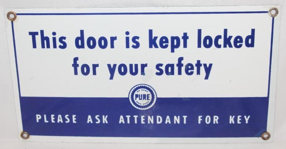 Pure Oil Company Porcelain SSP Restroom Sign: This sign has good color and gloss throughout with one small touch up to the field. This sign measures 6.25" x 8.25" and is graded an 8.5.