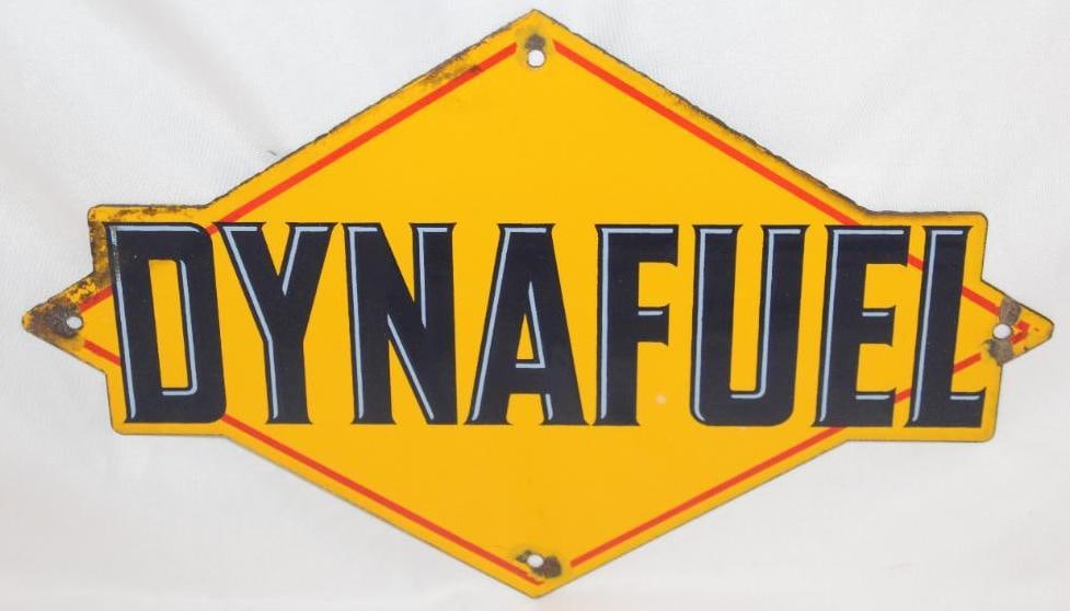 Sunoco Dynafuel SSP Porcelain Pump Plate Sign: This sign has good color and gloss with some chips at the mounting holes. It measures 8" x 12.25" and is graded an 8.5.