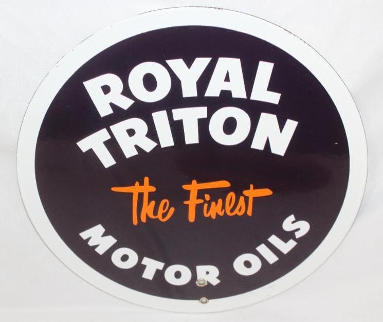 Royal Triton "The Finest Motor Oils" SSP Porcelain Sign: This sign is in excellent overall condition with great color and gloss. It measures 14" x 14" and is graded a 9+.