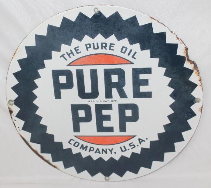 The Pure Oil Company Pure-Pep SSP Sawtooth Porcelain Sign: This sign has some discoloration to the blue and red area. There is also some wear and chips to the outer perimeter. This sign measures 15" x 15" and is graded 7.75.