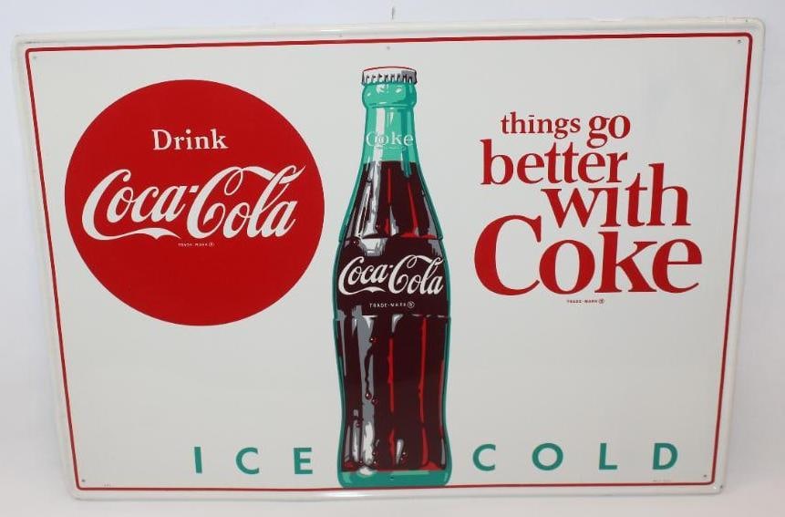 Drink Ice Cold Coca-Cola "Things Go Better With Coke" Self Framed Advertising SST Sign: This sign is marked MCA 2731. It is in excellent condition with only minor wear. This sign measures 27.75" x 19.5" and is graded a 9.