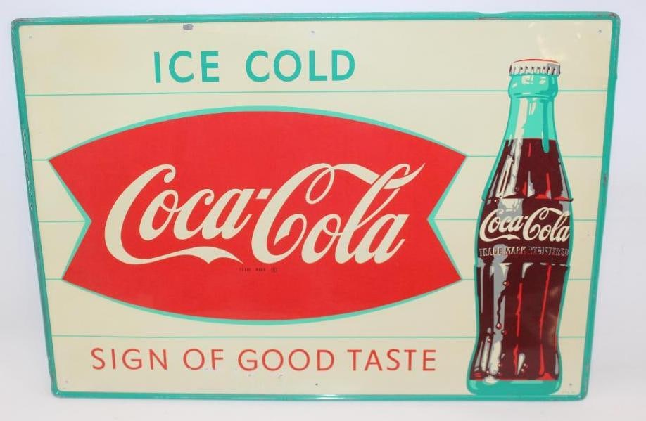 Ice Cold Coca-Cola Fishtail Logo Self Framed Advertising SST Sign (1 of 10)