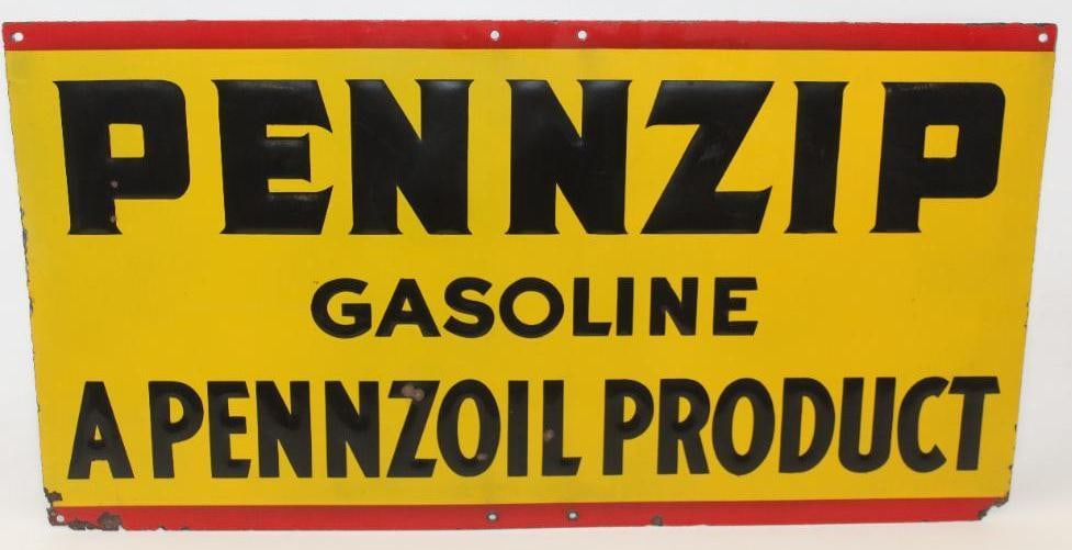 Pennzoil Pennzip Gasoline Embossed SSP Porcelain Advertising Sign: This sign has good color and gloss throughout the field. There are only a few small chips along the lower lettering. There is heavy edge wear along the lower corners. This sign measures 46" x 24.75" a