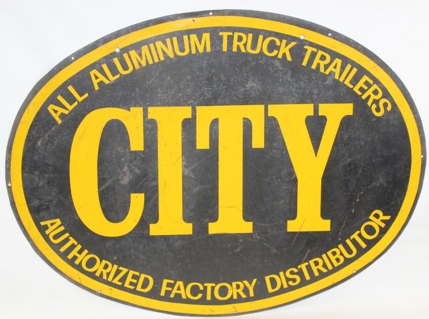 City All Aluminum Truck Trailers Authorized Factory Distributor Double Sided Sign: This is a double sided metal sign. It does show surface wear and scratches throughout the field as well as rust staining. The sign measures 36" x 48" and is graded a 7.5 on both sides.